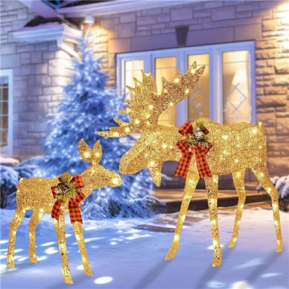 Lighted Christmas Decor Moose Family - Light up Moose 2 Set with 135 Lights,Gold - Picture 2 of 6